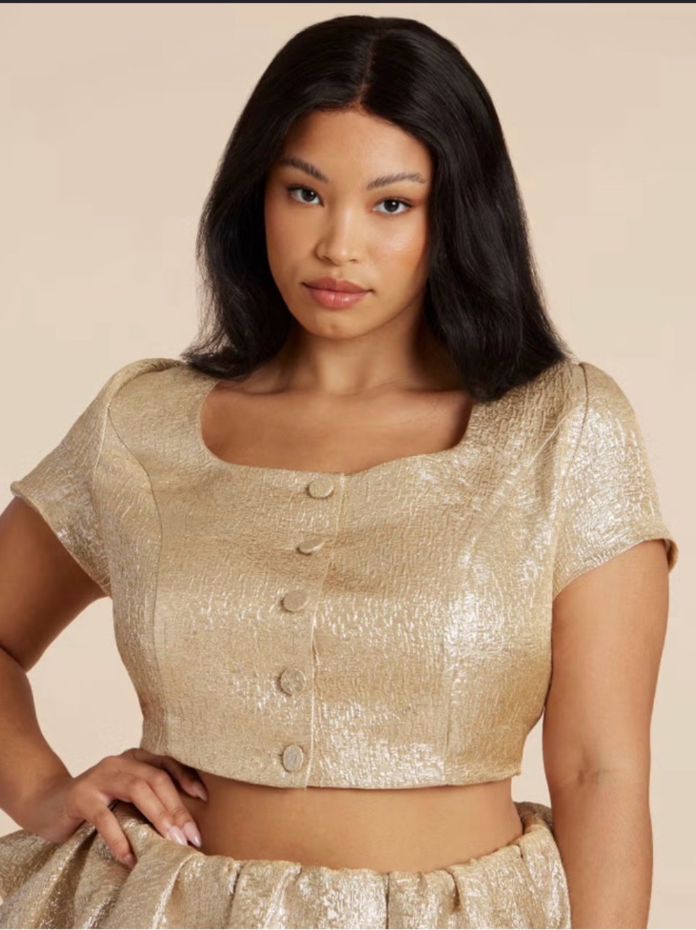 Eloquii Gold Metallic Crop Top with Button Front
